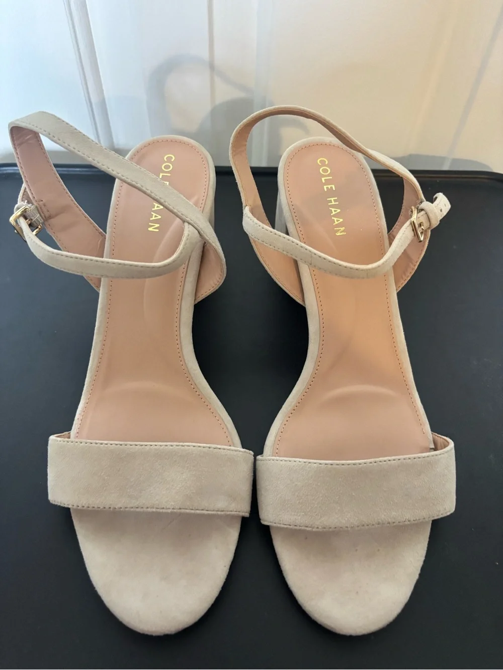 Cole Haan Beige Suede Block Heel Sandals